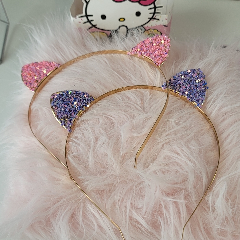Lot Of 2 Hello Kitty Goody  Headband With Glitter Ears & Bow Pink and Purple New